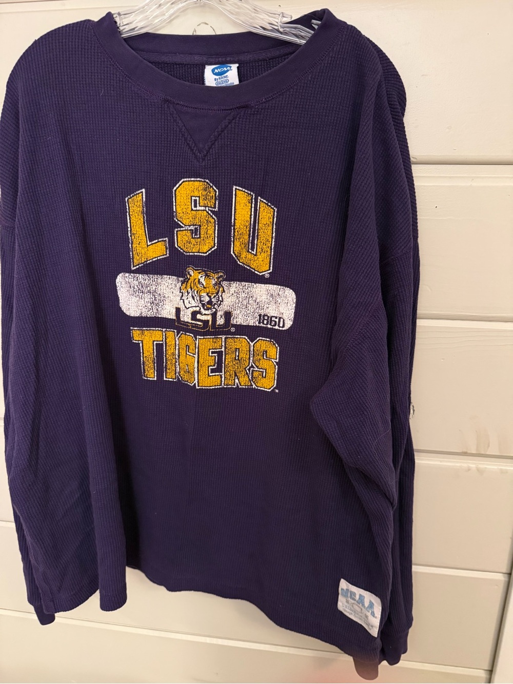VintageNCAA Purple LSU Tigers Long-Sleeve Waffle Knit Shirt